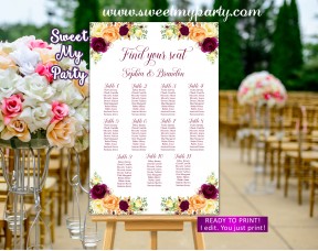 Burgundy Orange Seating Charts, Fall seating chart,(107aw)